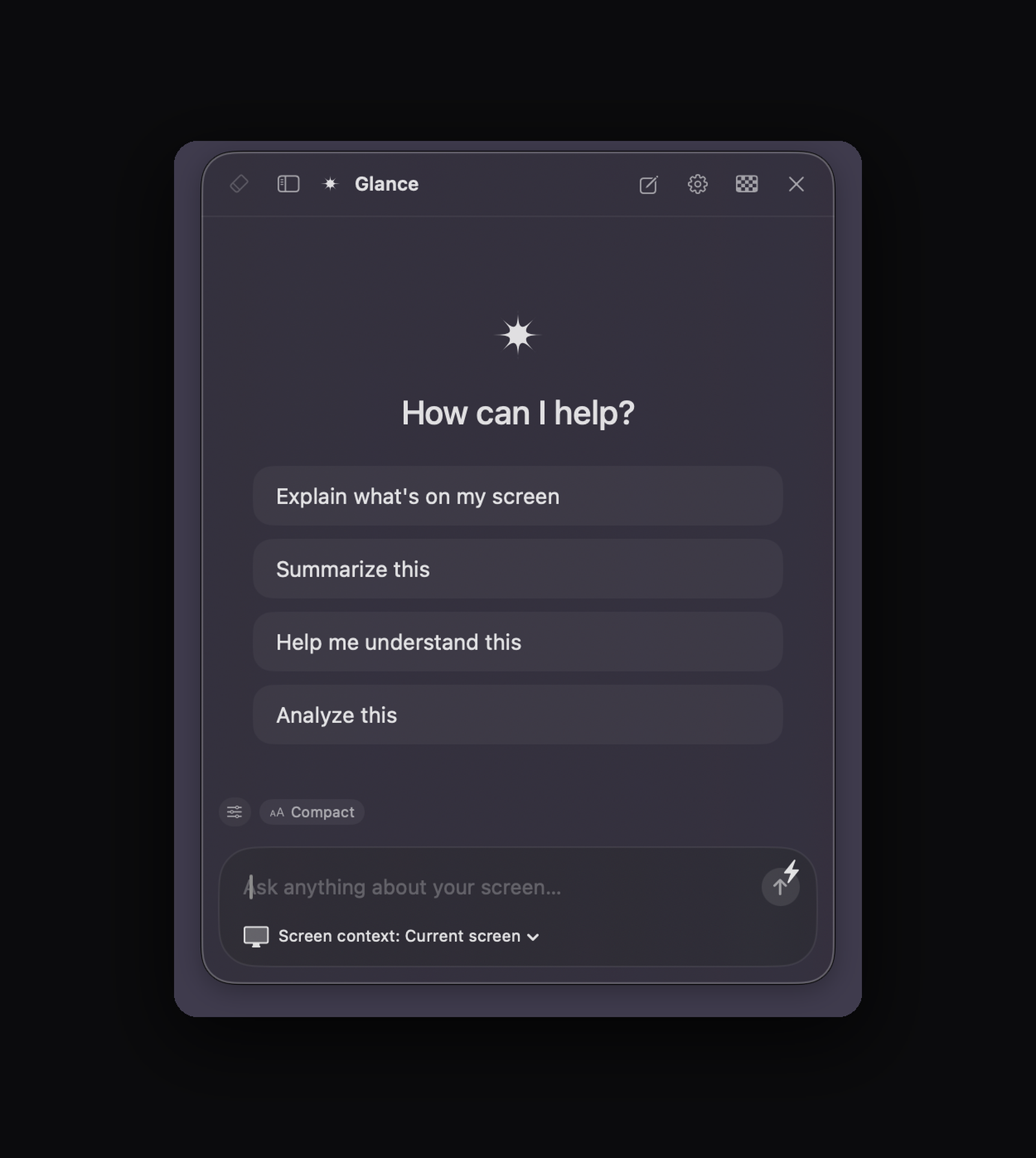 The Glance panel open over a screen, ready for a question
